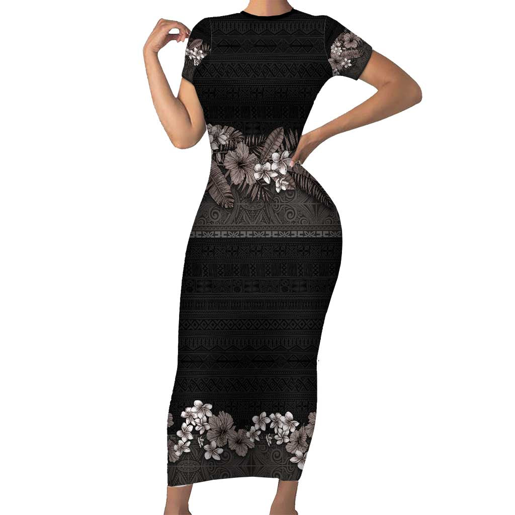 Hawaiian Tropical Flowers and Tribal Polynesian Tattoo Family Matching Short Sleeve Bodycon Dress and Hawaiian Shirt Grayscale Mode LT03 Mom's Dress Black - Polynesian Pride