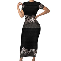 Hawaiian Tropical Flowers and Tribal Polynesian Tattoo Family Matching Short Sleeve Bodycon Dress and Hawaiian Shirt Grayscale Mode LT03 Mom's Dress Black - Polynesian Pride