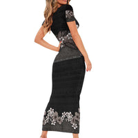 Hawaiian Tropical Flowers and Tribal Polynesian Tattoo Family Matching Short Sleeve Bodycon Dress and Hawaiian Shirt Grayscale Mode LT03 - Polynesian Pride