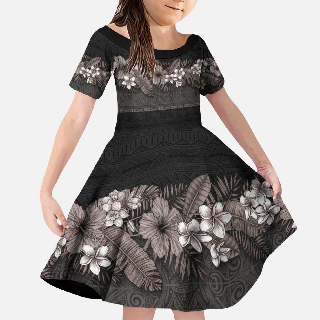 Hawaiian Tropical Flowers and Tribal Polynesian Tattoo Family Matching Summer Maxi Dress and Hawaiian Shirt Grayscale Mode LT03 Daughter's Dress Black - Polynesian Pride