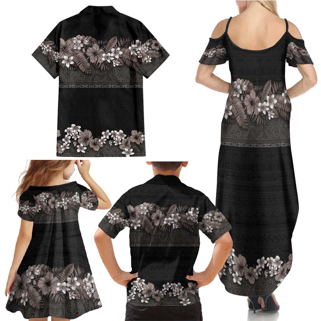 Hawaiian Tropical Flowers and Tribal Polynesian Tattoo Family Matching Summer Maxi Dress and Hawaiian Shirt Grayscale Mode LT03 - Polynesian Pride