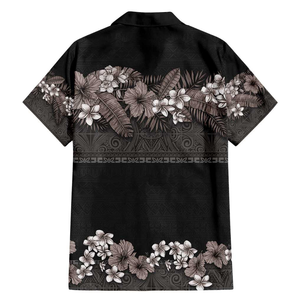 Hawaiian Tropical Flowers and Tribal Polynesian Tattoo Family Matching Summer Maxi Dress and Hawaiian Shirt Grayscale Mode LT03 - Polynesian Pride