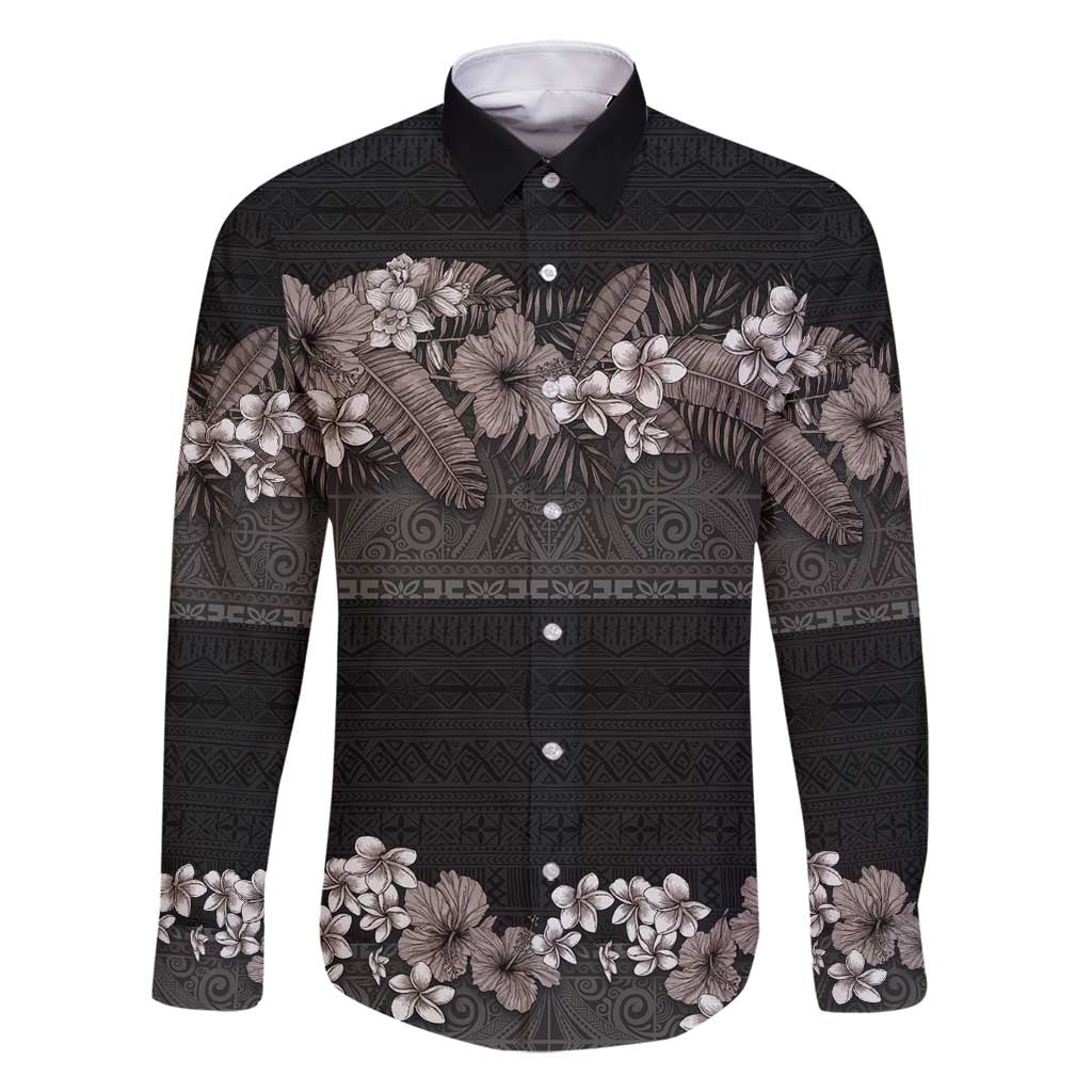 Hawaiian Tropical Flowers and Tribal Polynesian Tattoo Family Matching Summer Maxi Dress and Hawaiian Shirt Grayscale Mode LT03 Dad's Shirt - Long Sleeve Black - Polynesian Pride
