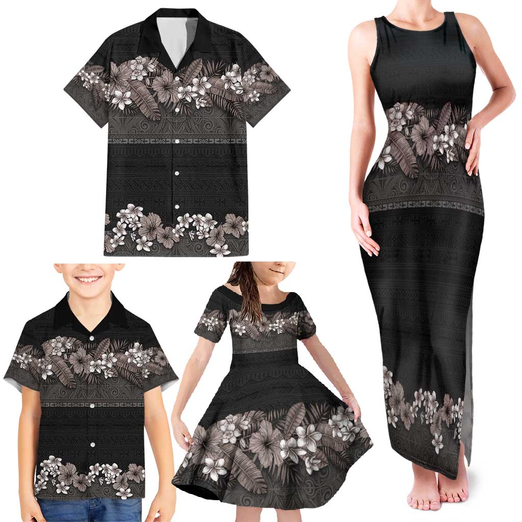 Hawaiian Tropical Flowers and Tribal Polynesian Tattoo Family Matching Tank Maxi Dress and Hawaiian Shirt Grayscale Mode LT03 - Polynesian Pride