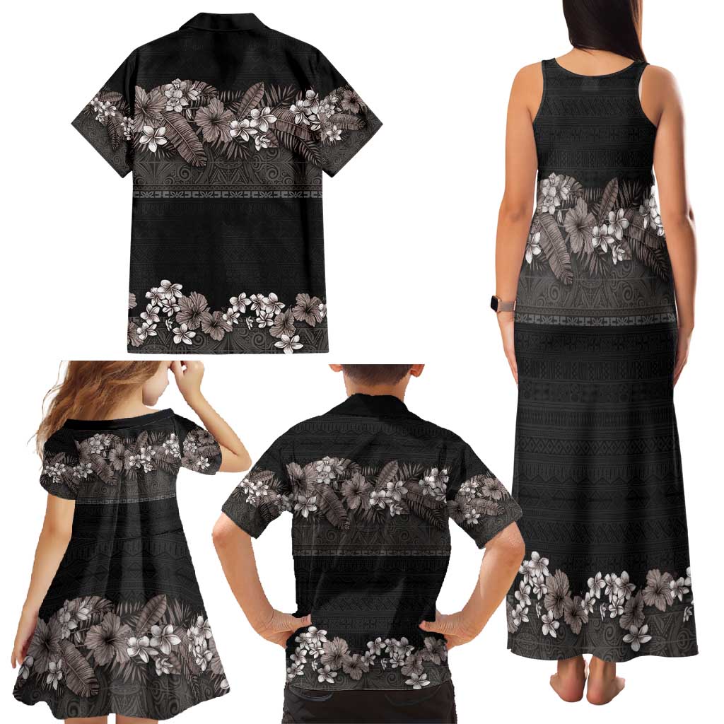 Hawaiian Tropical Flowers and Tribal Polynesian Tattoo Family Matching Tank Maxi Dress and Hawaiian Shirt Grayscale Mode LT03 - Polynesian Pride