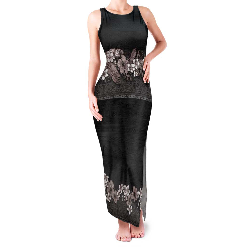 Hawaiian Tropical Flowers and Tribal Polynesian Tattoo Family Matching Tank Maxi Dress and Hawaiian Shirt Grayscale Mode LT03 Mom's Dress Black - Polynesian Pride