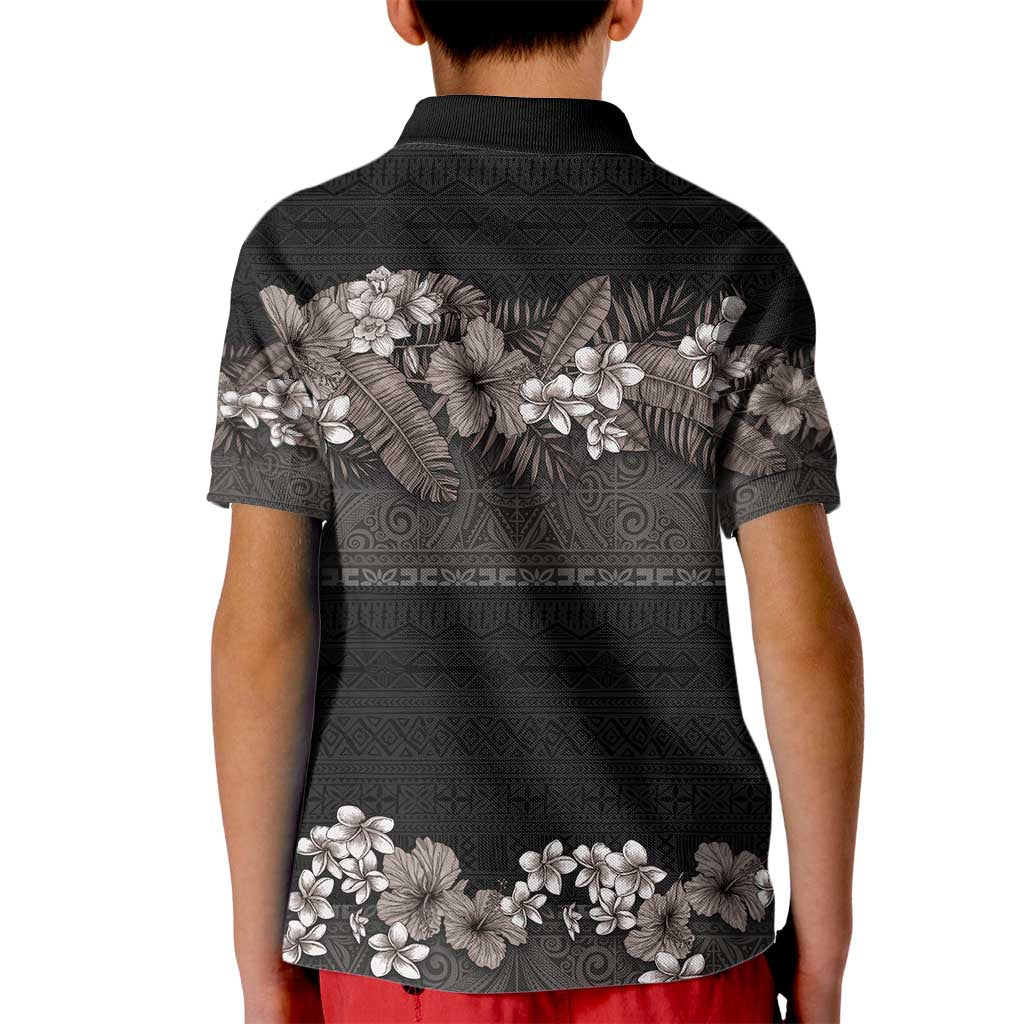 Hawaiian Tropical Flowers and Tribal Polynesian Tattoo Kid Polo Shirt Grayscale Mode