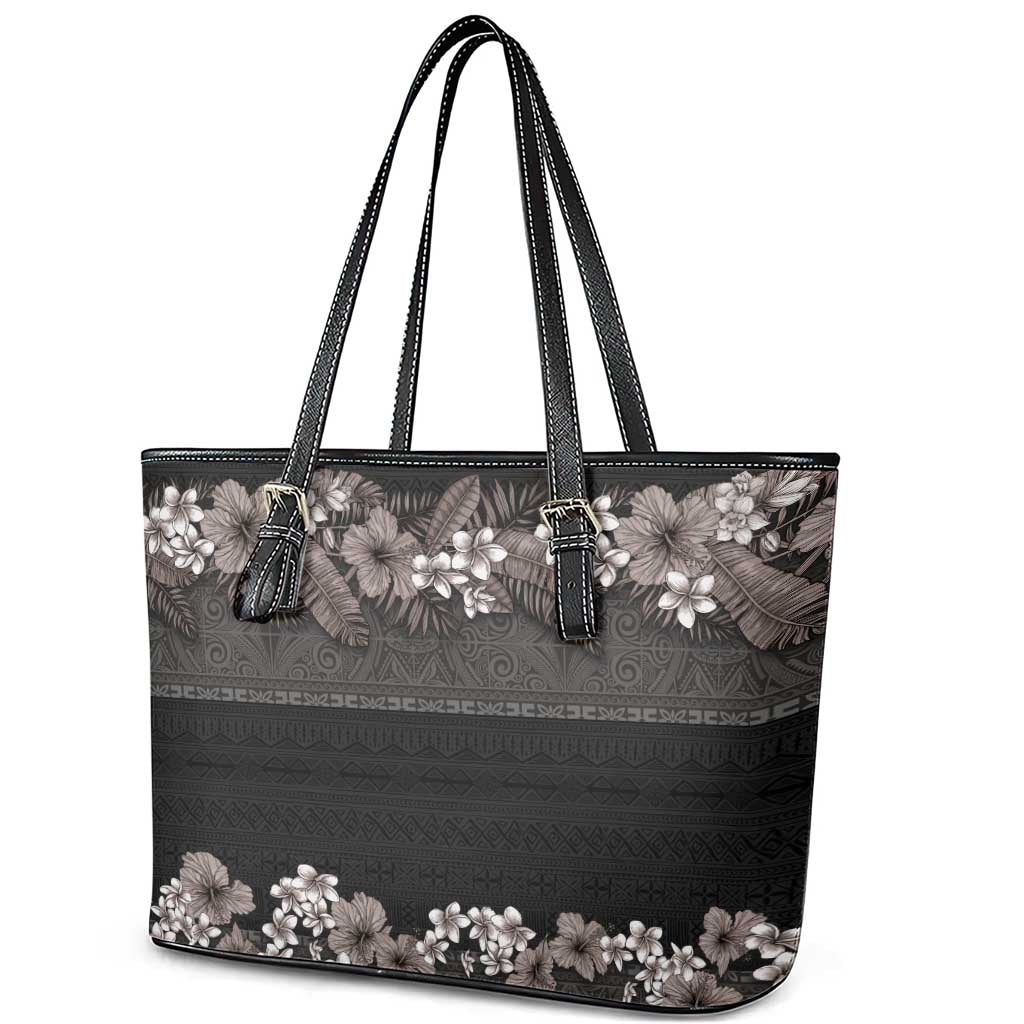 Hawaiian Tropical Flowers and Tribal Polynesian Tattoo Leather Tote Bag Grayscale Mode