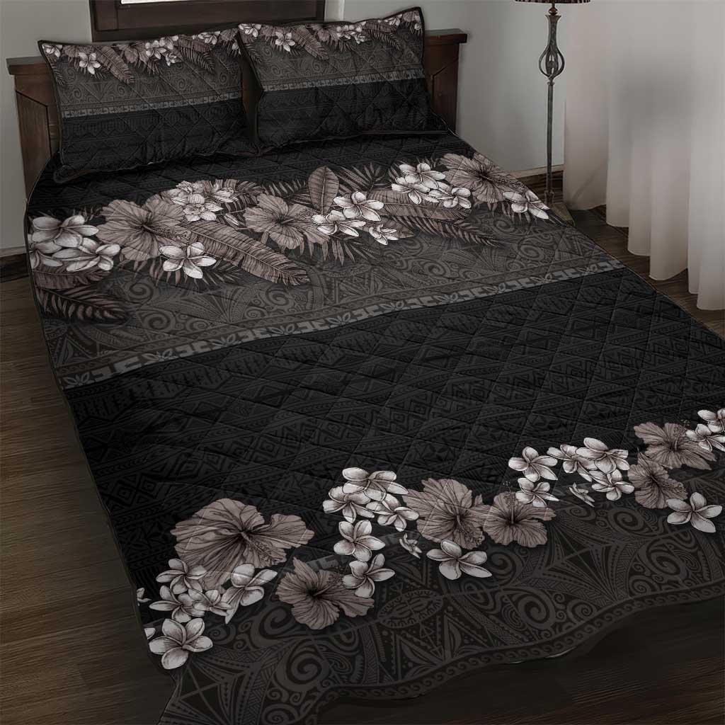 Hawaiian Tropical Flowers and Tribal Polynesian Tattoo Quilt Bed Set Grayscale Mode LT03 Black - Polynesian Pride
