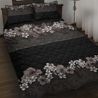 Hawaiian Tropical Flowers and Tribal Polynesian Tattoo Quilt Bed Set Grayscale Mode LT03 Black - Polynesian Pride