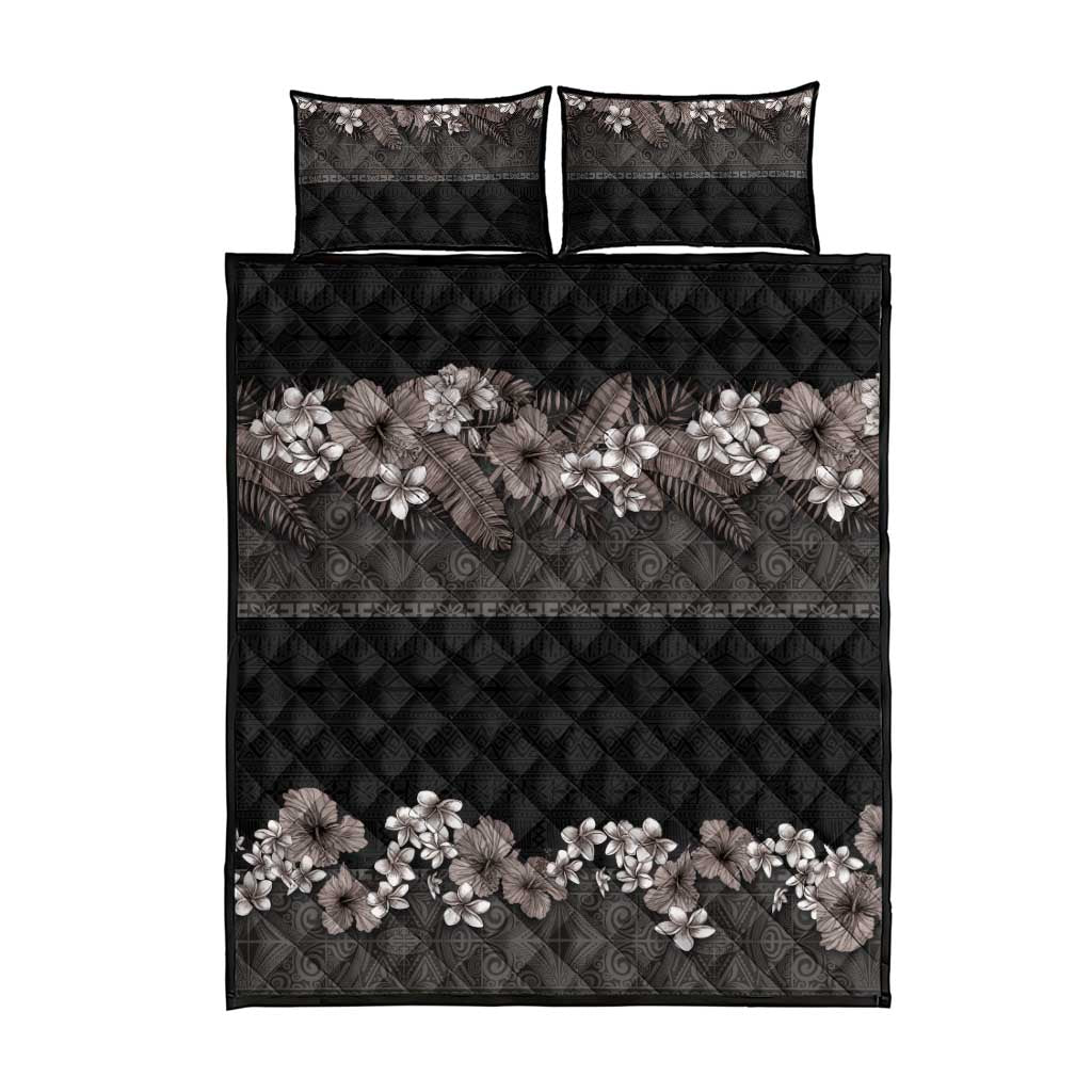 Hawaiian Tropical Flowers and Tribal Polynesian Tattoo Quilt Bed Set Grayscale Mode LT03 - Polynesian Pride