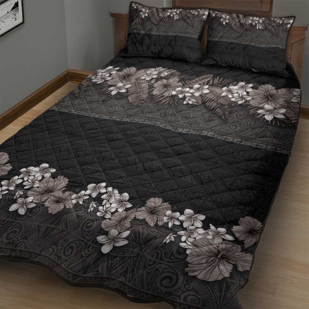 Hawaiian Tropical Flowers and Tribal Polynesian Tattoo Quilt Bed Set Grayscale Mode LT03 - Polynesian Pride
