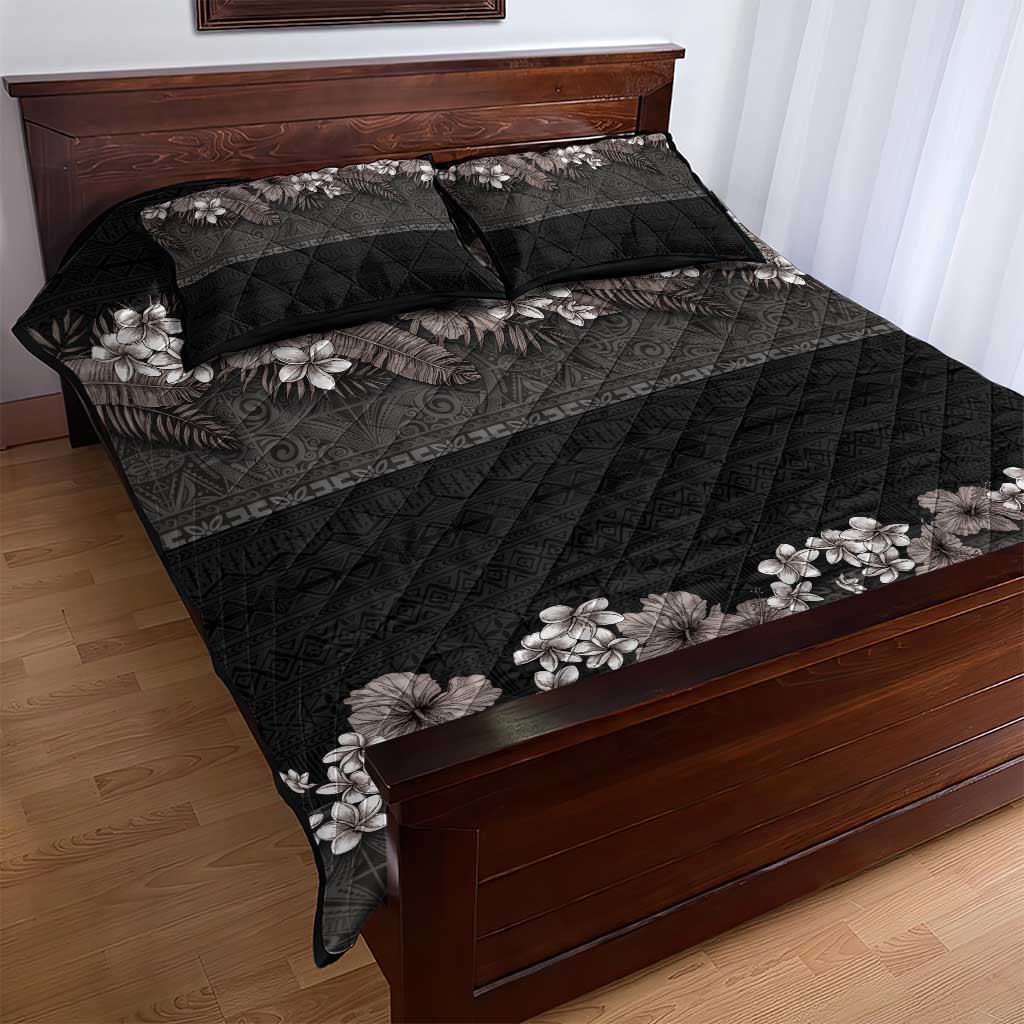 Hawaiian Tropical Flowers and Tribal Polynesian Tattoo Quilt Bed Set Grayscale Mode LT03 - Polynesian Pride
