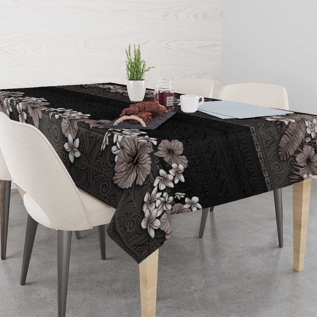 Hawaiian Tropical Flowers and Tribal Polynesian Tattoo Tablecloth Grayscale Mode