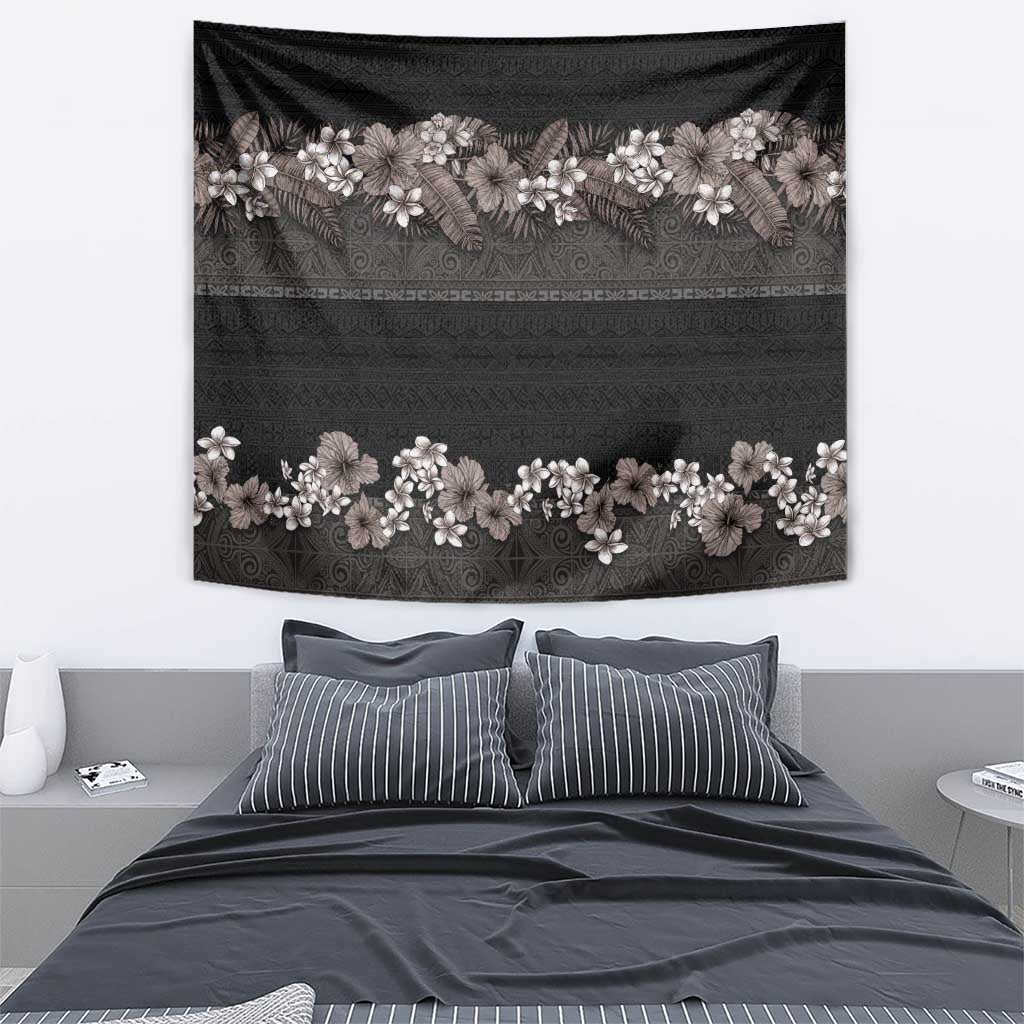 Hawaiian Tropical Flowers and Tribal Polynesian Tattoo Tapestry Grayscale Mode