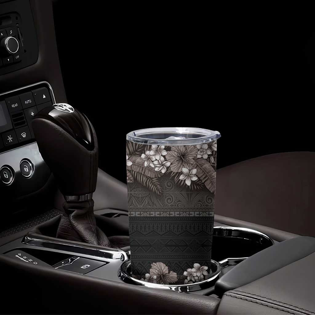 Hawaiian Tropical Flowers and Tribal Polynesian Tattoo Tumbler Cup Grayscale Mode