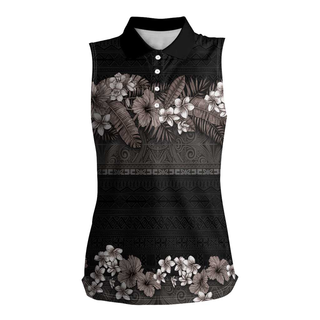 Hawaiian Tropical Flowers and Tribal Polynesian Tattoo Women Sleeveless Polo Shirt Grayscale Mode