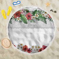 Hawaiian Tropical Flowers and Tribal Polynesian Tattoo Beach Blanket White Color