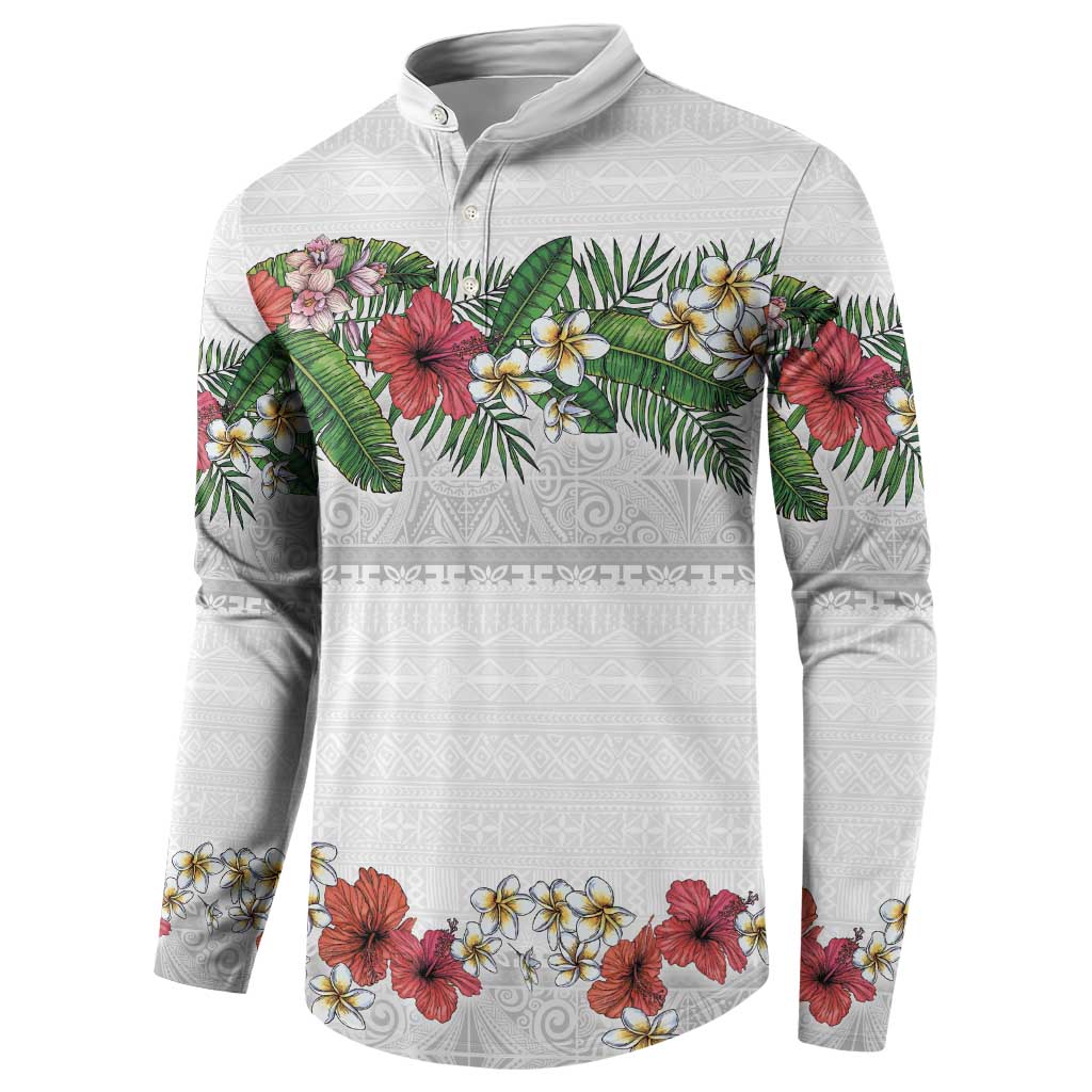 Hawaiian Tropical Flowers and Tribal Polynesian Tattoo Button Sweatshirt White Color