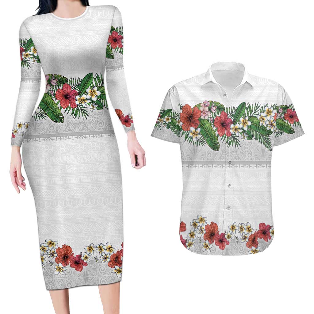 Hawaiian Tropical Flowers and Tribal Polynesian Tattoo Couples Matching Long Sleeve Bodycon Dress and Hawaiian Shirt White Color LT03 White - Polynesian Pride