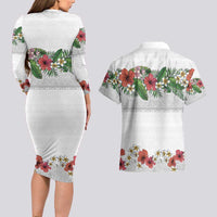Hawaiian Tropical Flowers and Tribal Polynesian Tattoo Couples Matching Long Sleeve Bodycon Dress and Hawaiian Shirt White Color LT03 - Polynesian Pride