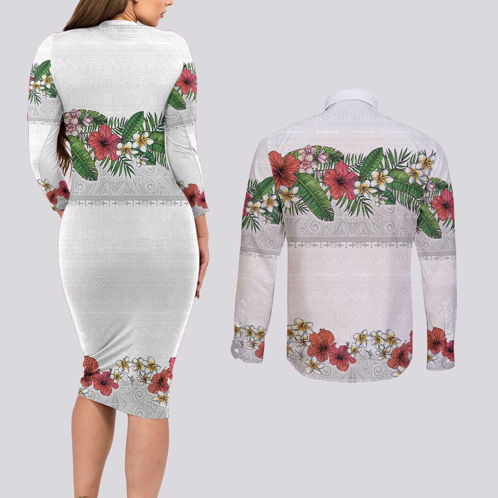 Hawaiian Tropical Flowers and Tribal Polynesian Tattoo Couples Matching Long Sleeve Bodycon Dress and Long Sleeve Button Shirt White Color