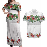 Hawaiian Tropical Flowers and Tribal Polynesian Tattoo Couples Matching Off Shoulder Maxi Dress and Hawaiian Shirt White Color LT03 White - Polynesian Pride