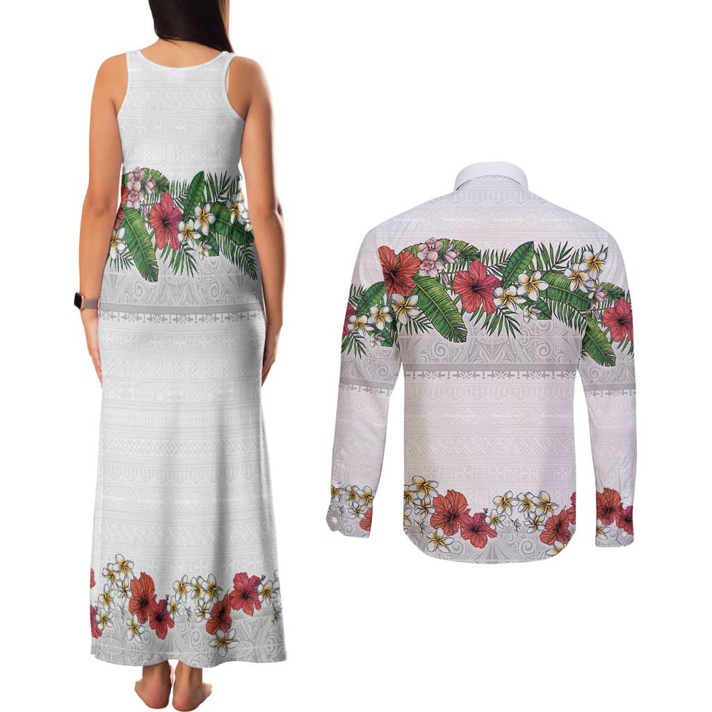 Hawaiian Tropical Flowers and Tribal Polynesian Tattoo Couples Matching Tank Maxi Dress and Long Sleeve Button Shirt White Color