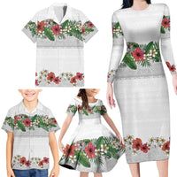Hawaiian Tropical Flowers and Tribal Polynesian Tattoo Family Matching Long Sleeve Bodycon Dress and Hawaiian Shirt White Color LT03 - Polynesian Pride