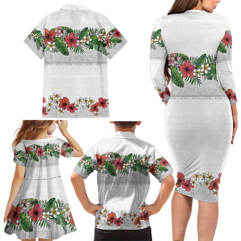Hawaiian Tropical Flowers and Tribal Polynesian Tattoo Family Matching Long Sleeve Bodycon Dress and Hawaiian Shirt White Color LT03 - Polynesian Pride