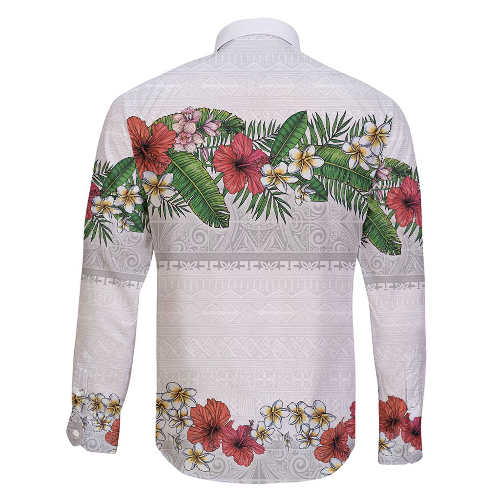 Hawaiian Tropical Flowers and Tribal Polynesian Tattoo Family Matching Long Sleeve Bodycon Dress and Hawaiian Shirt White Color LT03 - Polynesian Pride