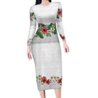 Hawaiian Tropical Flowers and Tribal Polynesian Tattoo Family Matching Long Sleeve Bodycon Dress and Hawaiian Shirt White Color LT03 Mom's Dress White - Polynesian Pride