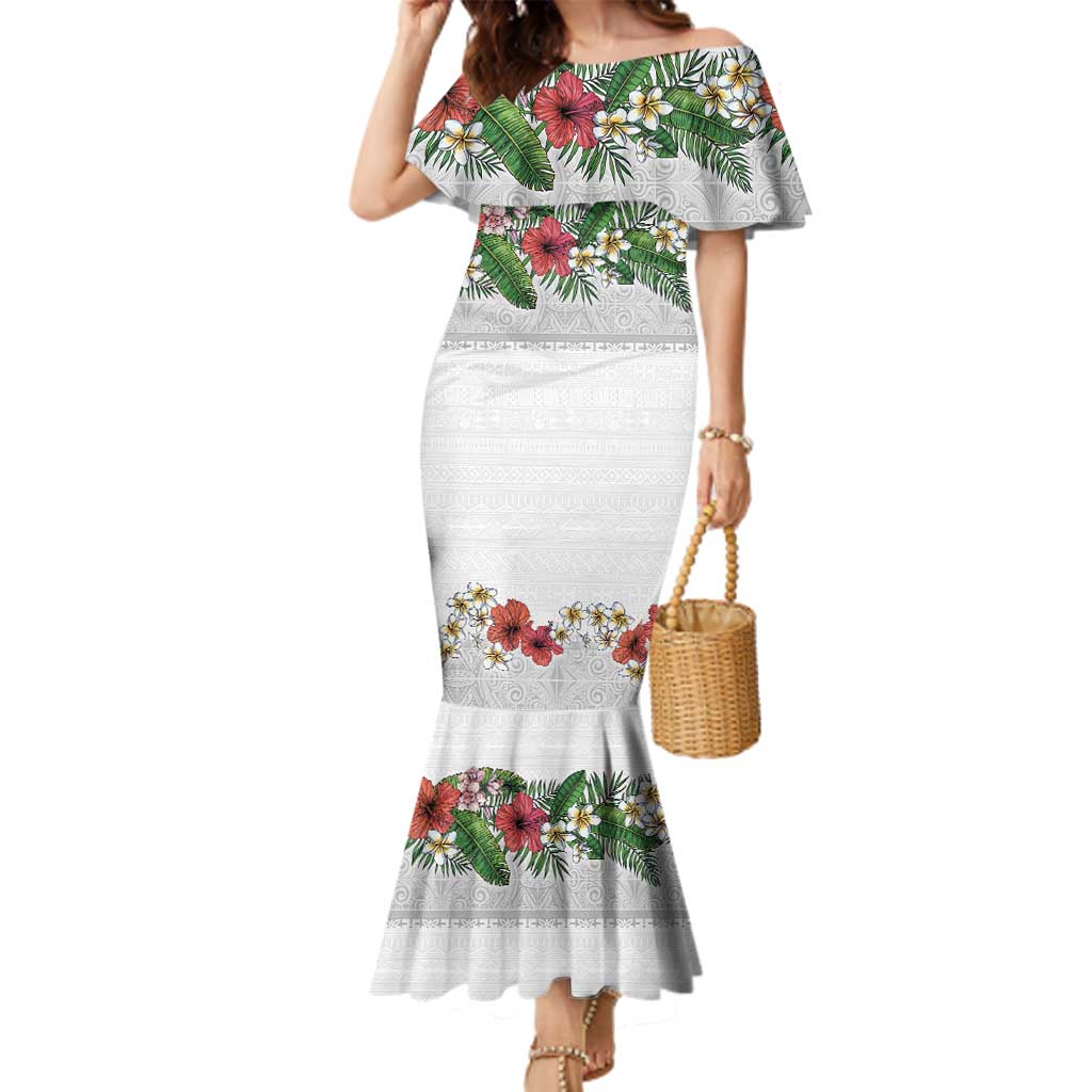 Hawaiian Tropical Flowers and Tribal Polynesian Tattoo Family Matching Mermaid Dress and Hawaiian Shirt White Color LT03 Mom's Dress White - Polynesian Pride