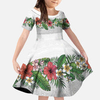 Hawaiian Tropical Flowers and Tribal Polynesian Tattoo Family Matching Off The Shoulder Long Sleeve Dress and Hawaiian Shirt White Color LT03 Daughter's Dress White - Polynesian Pride