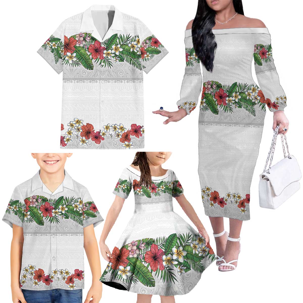 Hawaiian Tropical Flowers and Tribal Polynesian Tattoo Family Matching Off The Shoulder Long Sleeve Dress and Hawaiian Shirt White Color LT03 - Polynesian Pride