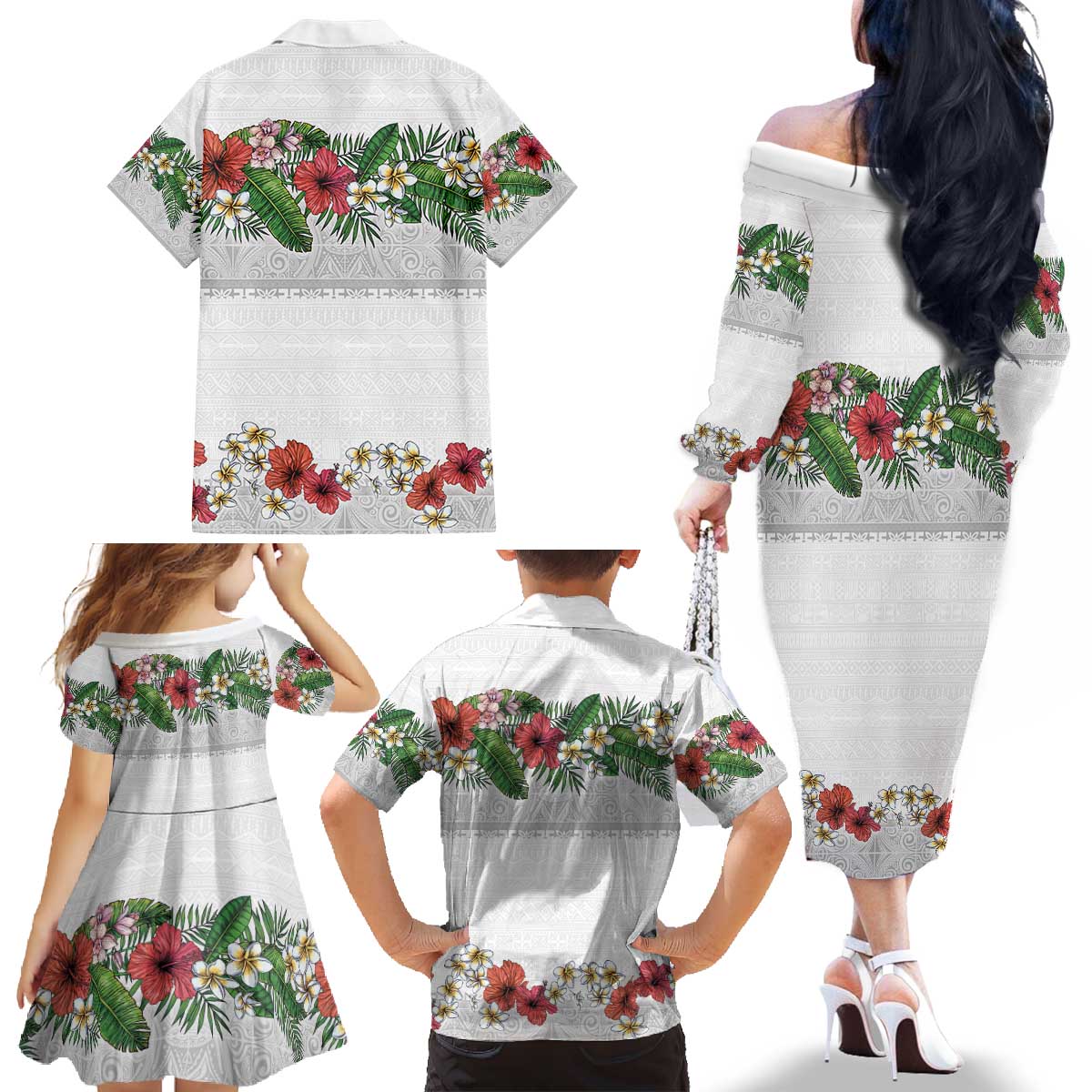 Hawaiian Tropical Flowers and Tribal Polynesian Tattoo Family Matching Off The Shoulder Long Sleeve Dress and Hawaiian Shirt White Color LT03 - Polynesian Pride