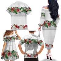 Hawaiian Tropical Flowers and Tribal Polynesian Tattoo Family Matching Off The Shoulder Long Sleeve Dress and Hawaiian Shirt White Color LT03 - Polynesian Pride