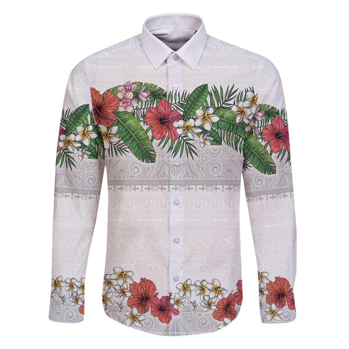 Hawaiian Tropical Flowers and Tribal Polynesian Tattoo Family Matching Off The Shoulder Long Sleeve Dress and Hawaiian Shirt White Color LT03 Dad's Shirt - Long Sleeve White - Polynesian Pride