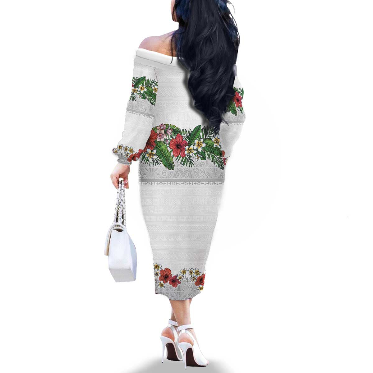Hawaiian Tropical Flowers and Tribal Polynesian Tattoo Family Matching Off The Shoulder Long Sleeve Dress and Hawaiian Shirt White Color LT03 - Polynesian Pride