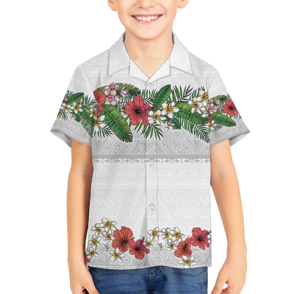 Hawaiian Tropical Flowers and Tribal Polynesian Tattoo Family Matching Off The Shoulder Long Sleeve Dress and Hawaiian Shirt White Color LT03 Son's Shirt White - Polynesian Pride