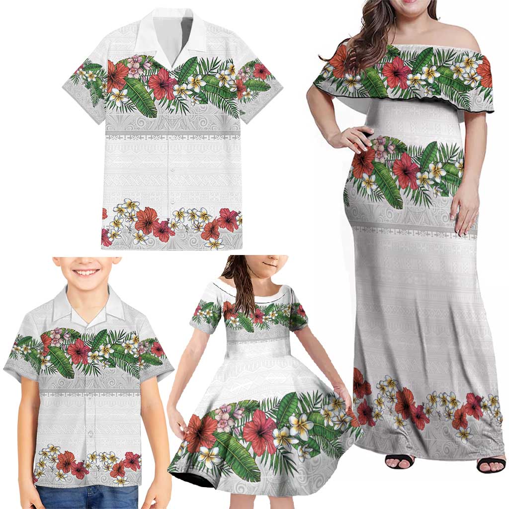Hawaiian Tropical Flowers and Tribal Polynesian Tattoo Family Matching Off Shoulder Maxi Dress and Hawaiian Shirt White Color LT03 - Polynesian Pride