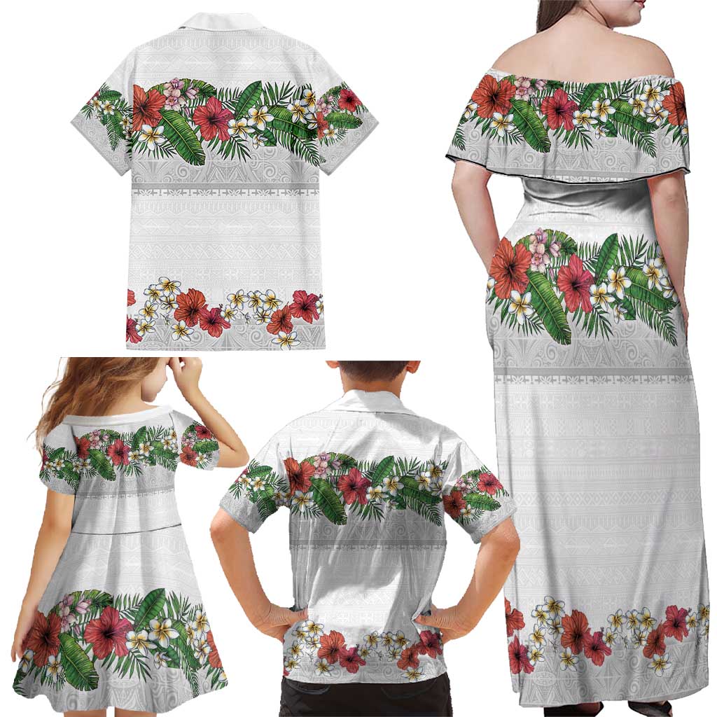 Hawaiian Tropical Flowers and Tribal Polynesian Tattoo Family Matching Off Shoulder Maxi Dress and Hawaiian Shirt White Color LT03 - Polynesian Pride
