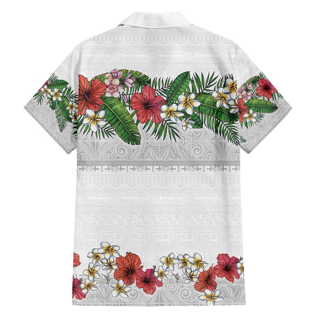 Hawaiian Tropical Flowers and Tribal Polynesian Tattoo Family Matching Off Shoulder Maxi Dress and Hawaiian Shirt White Color LT03 - Polynesian Pride