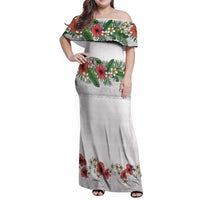 Hawaiian Tropical Flowers and Tribal Polynesian Tattoo Family Matching Off Shoulder Maxi Dress and Hawaiian Shirt White Color LT03 Mom's Dress White - Polynesian Pride