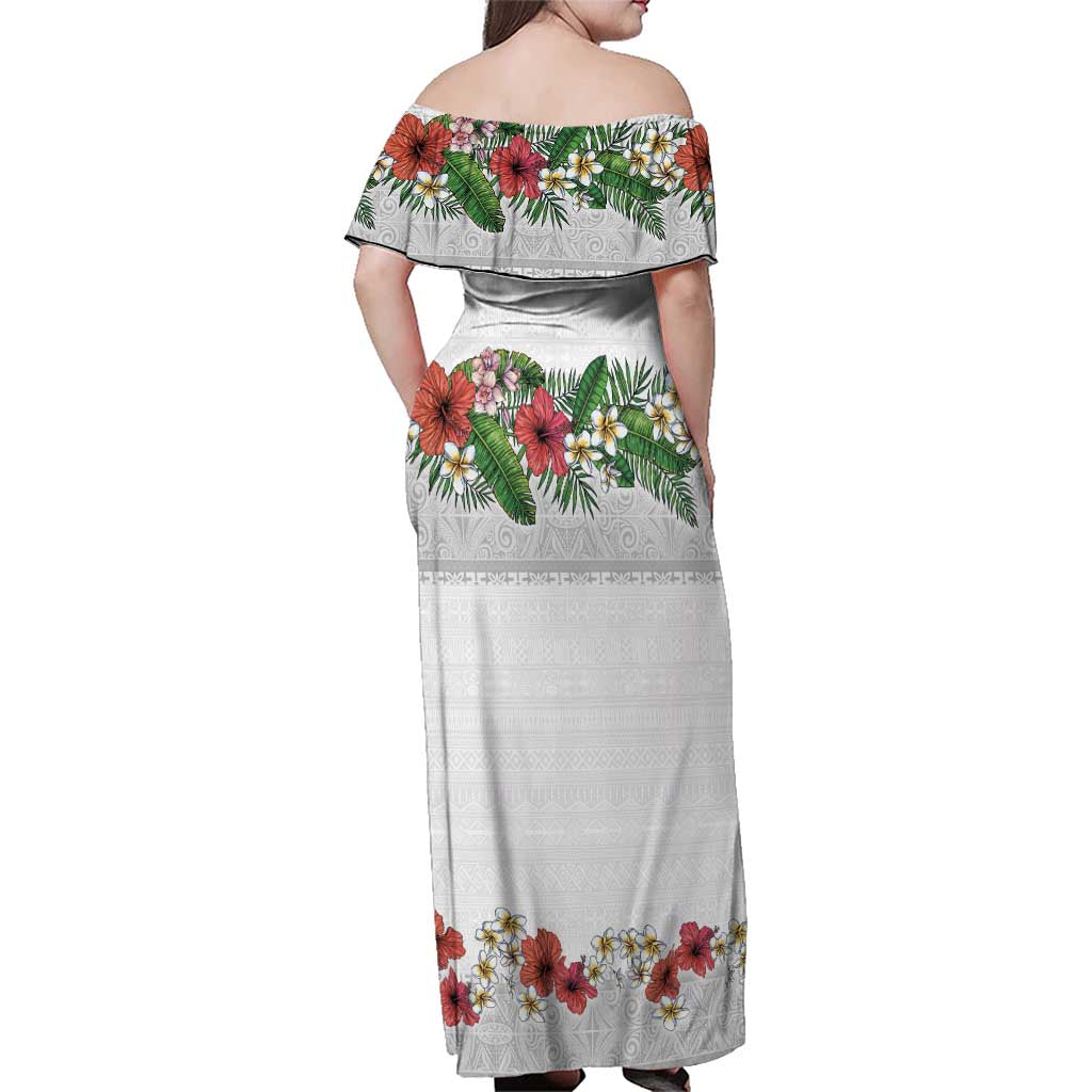 Hawaiian Tropical Flowers and Tribal Polynesian Tattoo Family Matching Off Shoulder Maxi Dress and Hawaiian Shirt White Color LT03 - Polynesian Pride