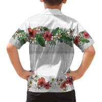 Hawaiian Tropical Flowers and Tribal Polynesian Tattoo Family Matching Off Shoulder Short Dress and Hawaiian Shirt White Color LT03 - Polynesian Pride