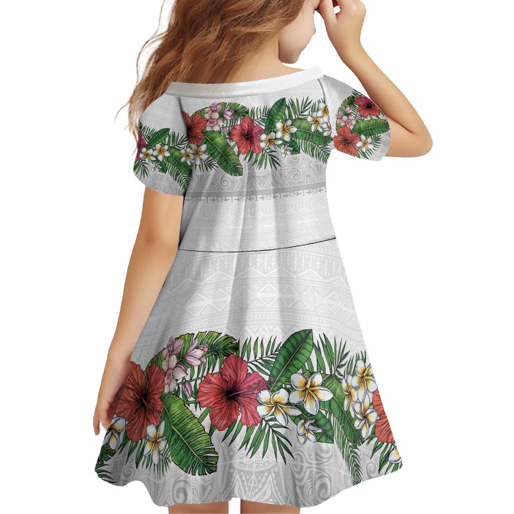 Hawaiian Tropical Flowers and Tribal Polynesian Tattoo Family Matching Off Shoulder Short Dress and Hawaiian Shirt White Color LT03 - Polynesian Pride