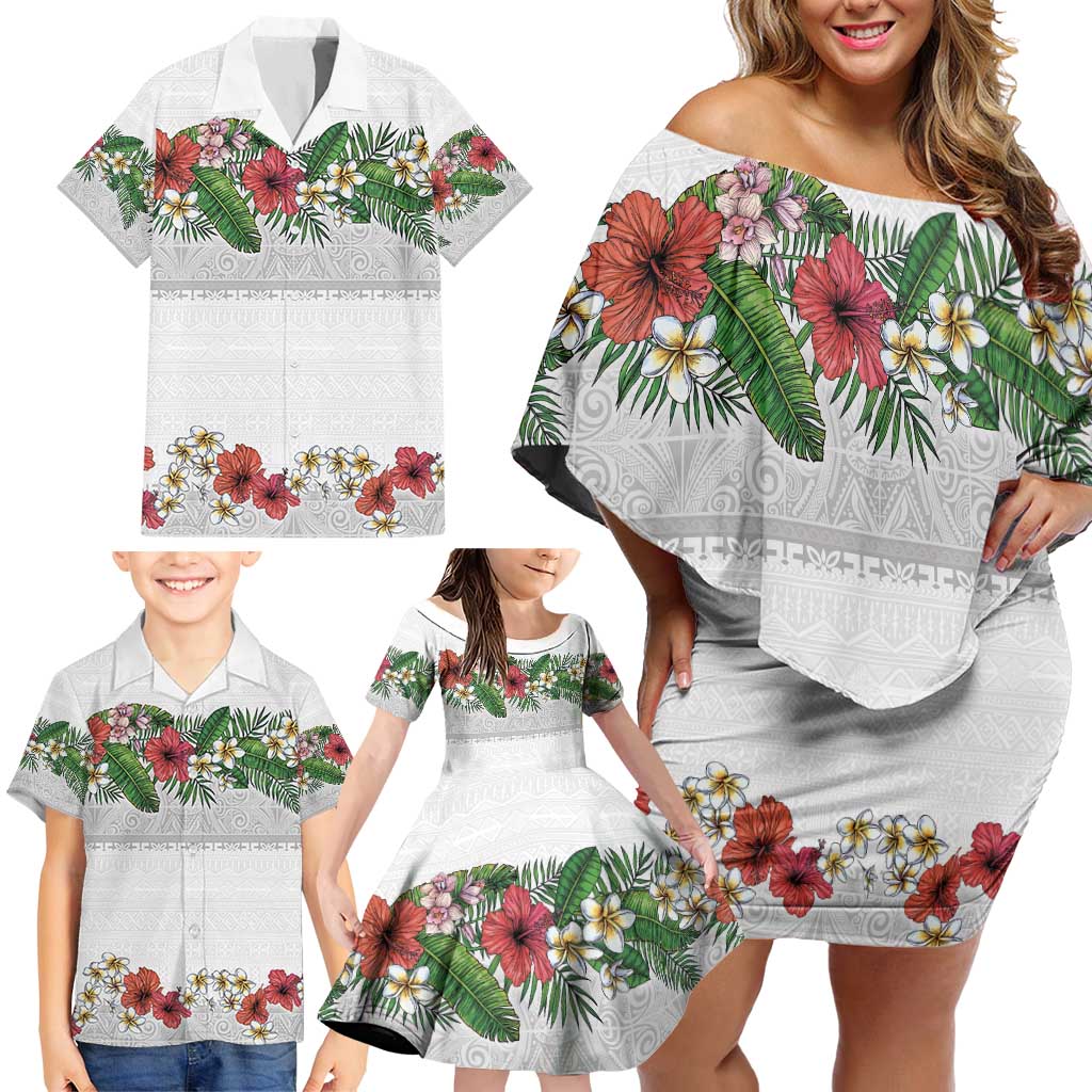 Hawaiian Tropical Flowers and Tribal Polynesian Tattoo Family Matching Off Shoulder Short Dress and Hawaiian Shirt White Color LT03 - Polynesian Pride