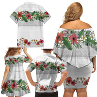 Hawaiian Tropical Flowers and Tribal Polynesian Tattoo Family Matching Off Shoulder Short Dress and Hawaiian Shirt White Color LT03 - Polynesian Pride