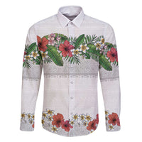 Hawaiian Tropical Flowers and Tribal Polynesian Tattoo Family Matching Off Shoulder Short Dress and Hawaiian Shirt White Color LT03 Dad's Shirt - Long Sleeve White - Polynesian Pride
